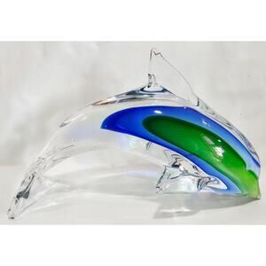 Vintage Hand Blown Art Glass Paperweight Dolphin Clear, Cobalt Blue & Green